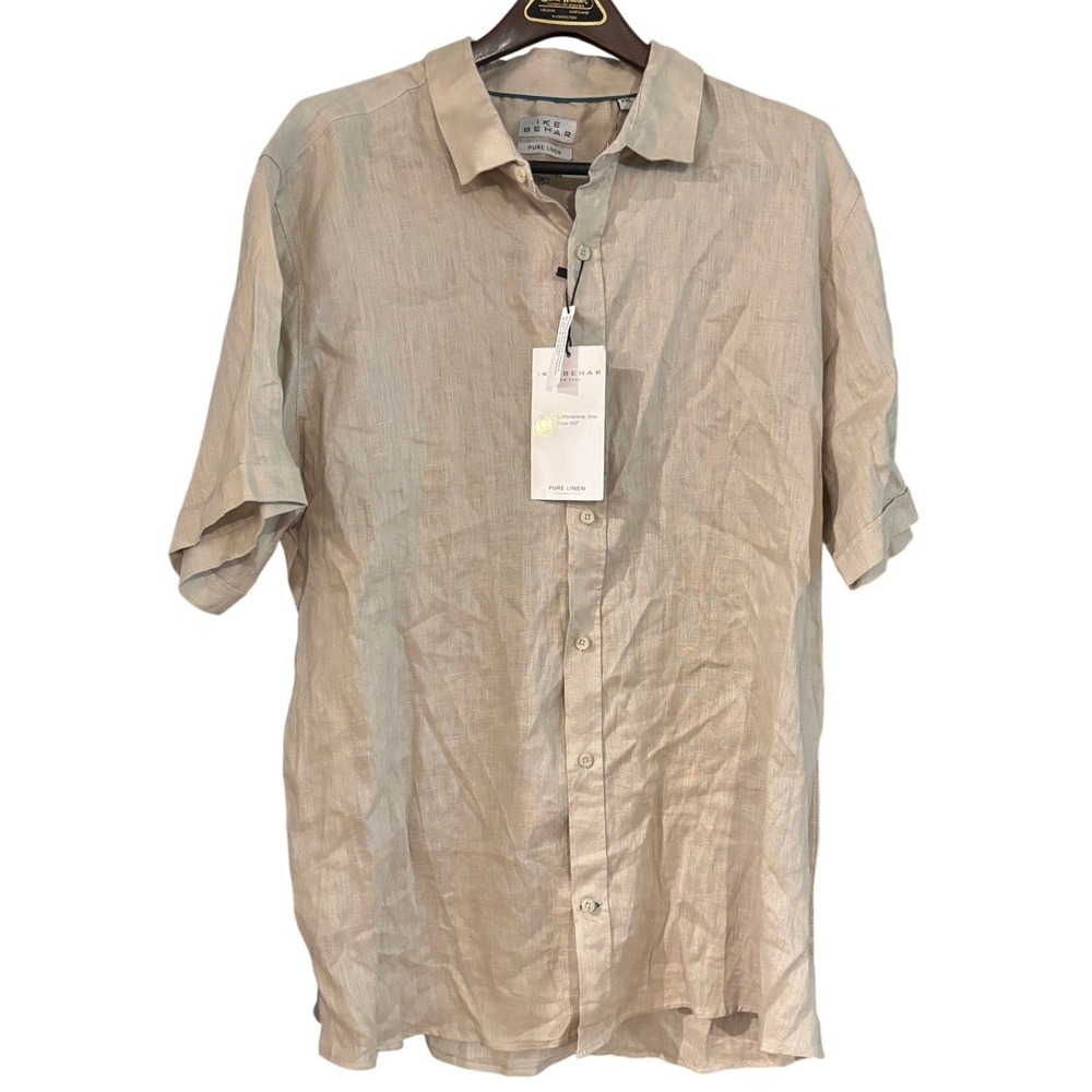 Ike Behar Luxe Travel Mens XXL Mushroom Beige 100% Pure Linen Short Sleeve Shirt
